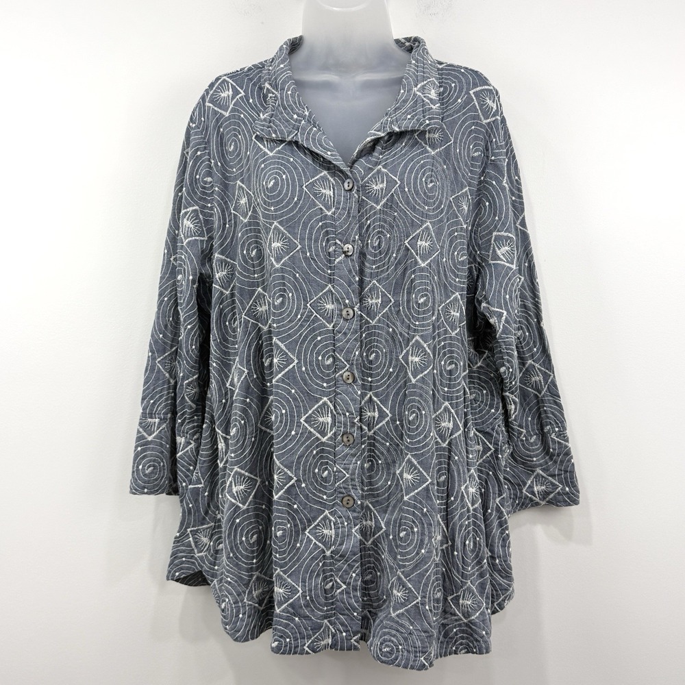 John Mark Top 2X Embroidery Artsy Button Up Wire Collar Tunic Lagenlook Mature